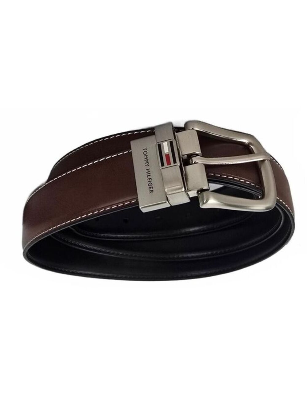 Tommy Hilfiger Men’s Reversible Leather Belt Black to Brown Twist Buckle 44 XXL